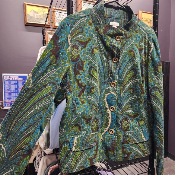 VINTAGE CHARTER CLUB Corduroy Peacock Print Paisley Green and Blue Jacket XL - Picture 2 of 5